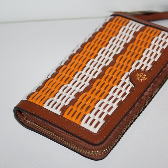 NWT TORY BURCH EMERSON WOVEN WRISTLET ZIP CONTINENTAL WALLET BROWN MULTI $378 - Picture 5 of 8